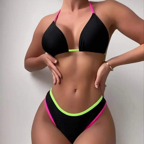 Contrast Trim Halter Neck Bikini Set - Picture 1 of 2